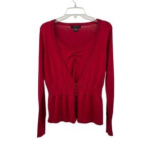 August Silk Red Silk Blend Peplum Sweater Womens M V-Neck Knit Top